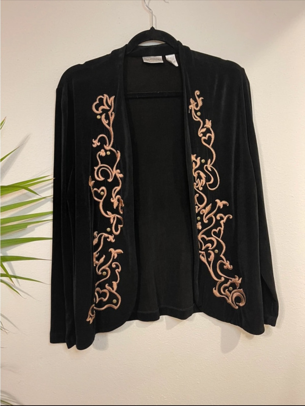 Black Velvet Open-Front Cardigan with Rose Gold Scroll Embroidery